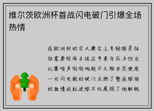 维尔茨欧洲杯首战闪电破门引爆全场热情