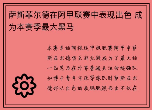 萨斯菲尔德在阿甲联赛中表现出色 成为本赛季最大黑马