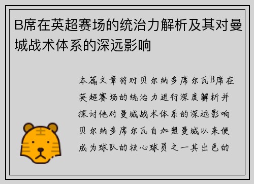 B席在英超赛场的统治力解析及其对曼城战术体系的深远影响