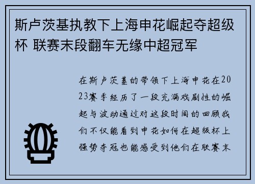 斯卢茨基执教下上海申花崛起夺超级杯 联赛末段翻车无缘中超冠军