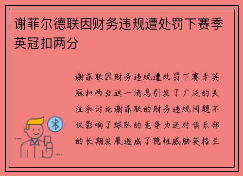 谢菲尔德联因财务违规遭处罚下赛季英冠扣两分